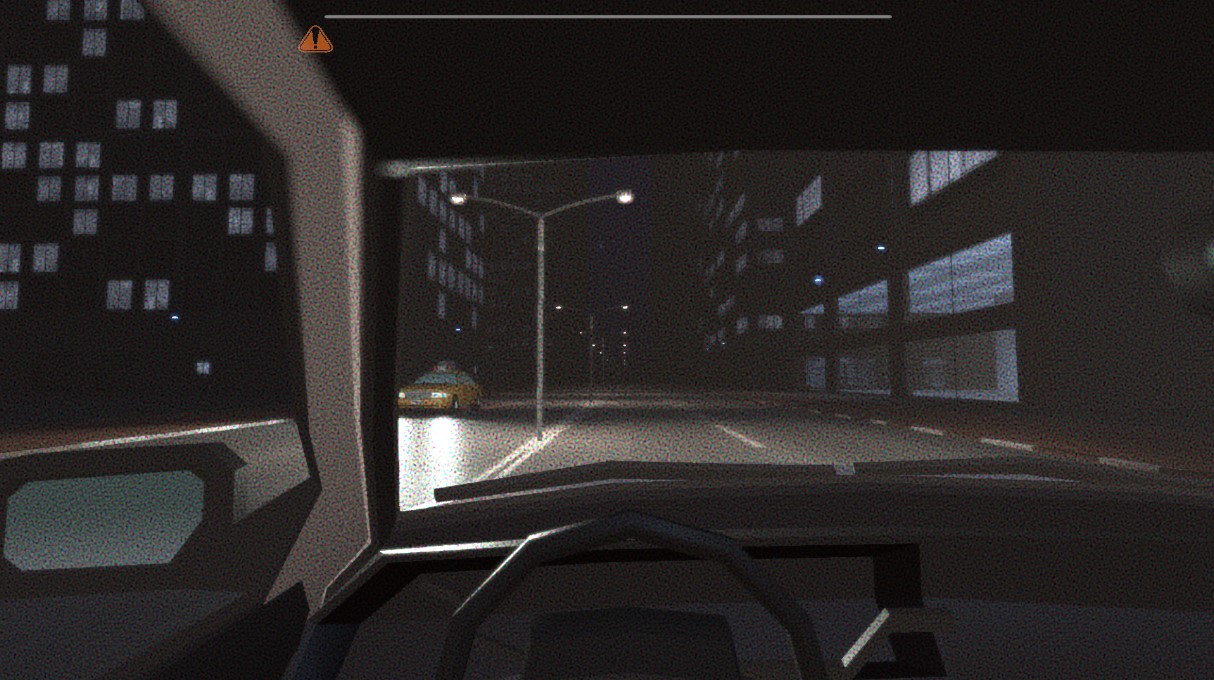 First-person interior view driving down an empty city road