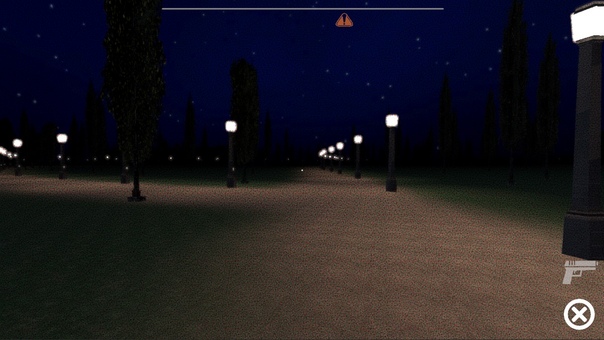 Park pathway lit by evenly spaced streetlights under a starry sky